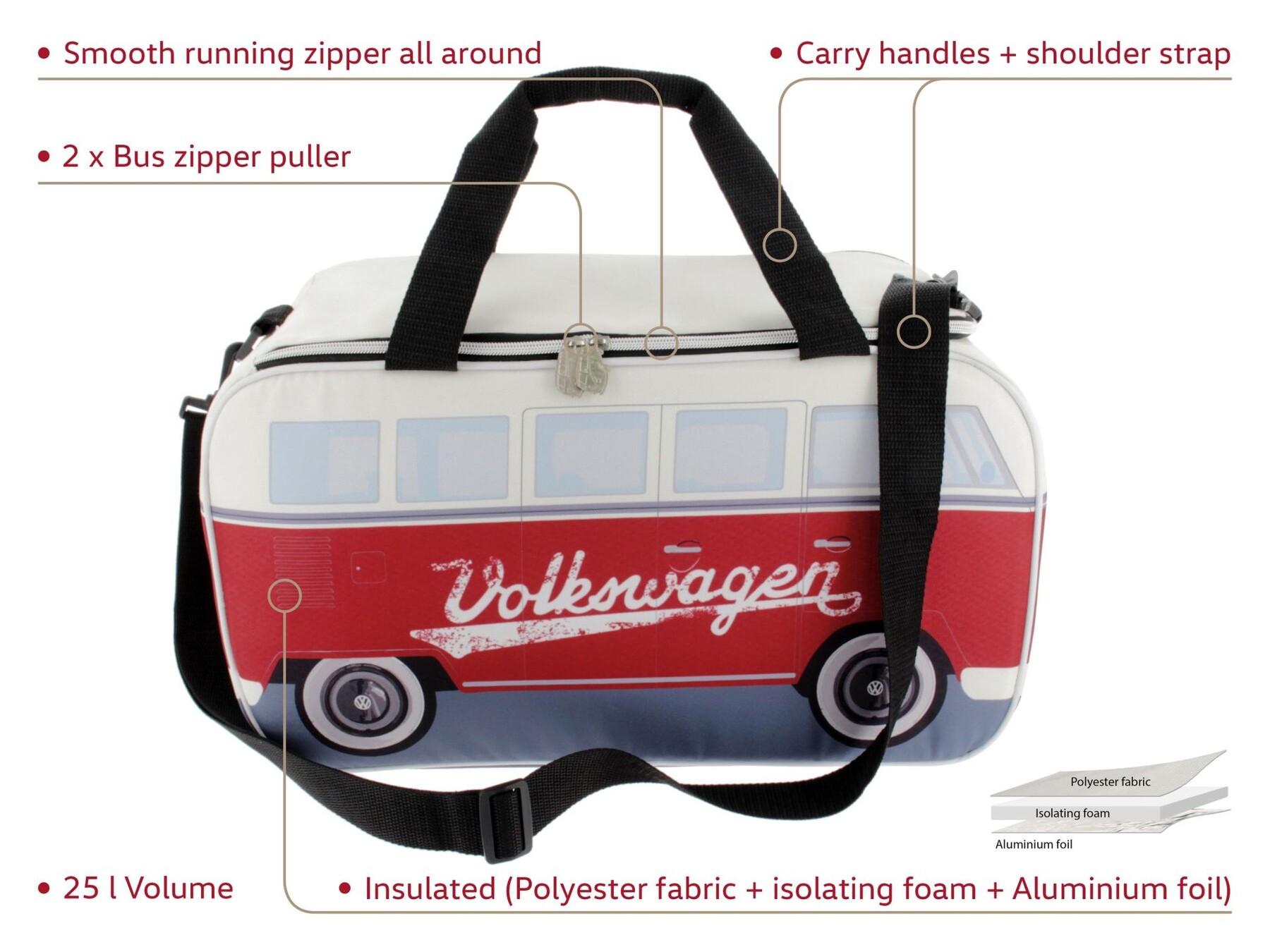Volkswagen T1 Bus Kühltasche, 25l, Weiß/Rot