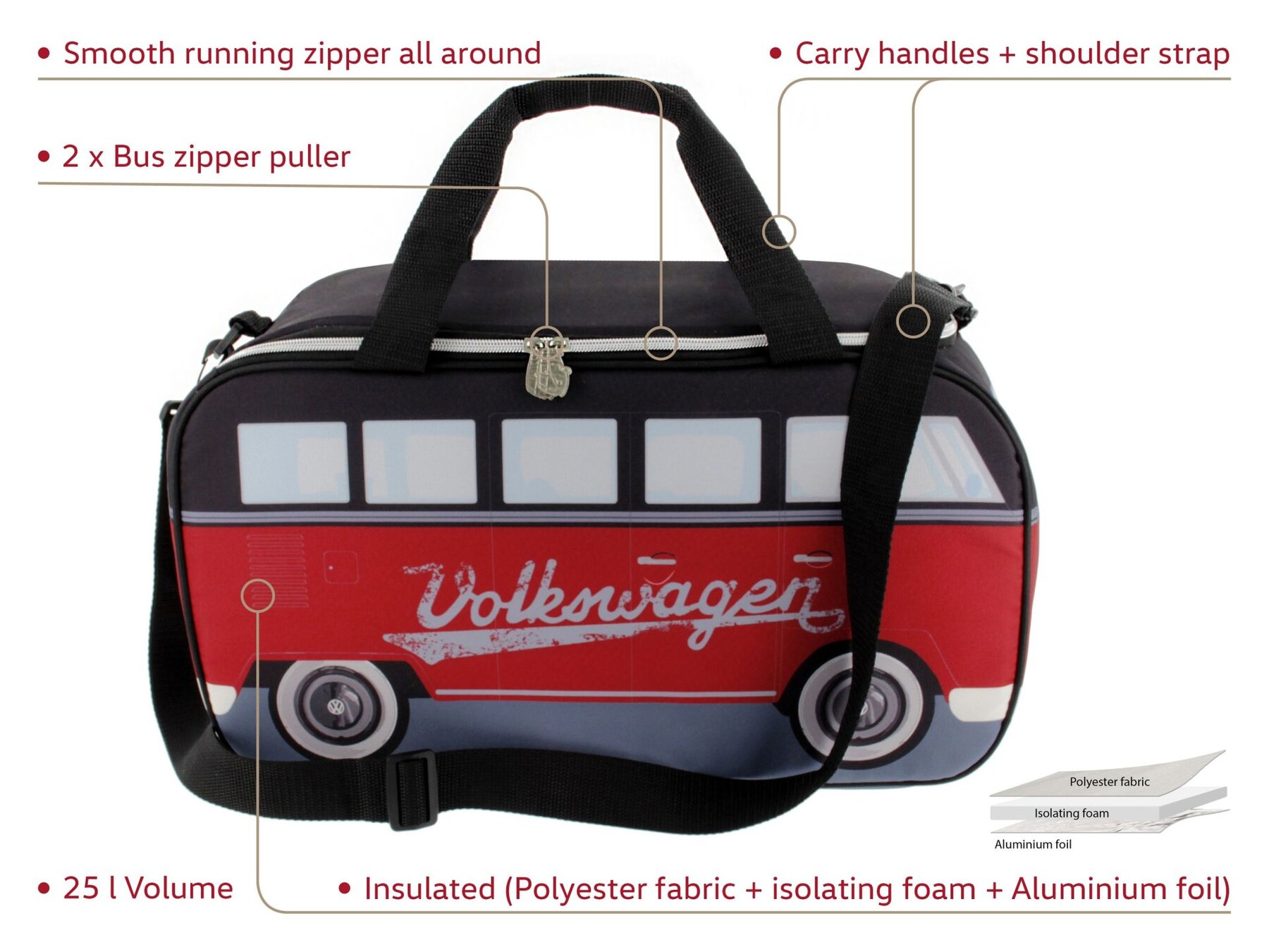 Volkswagen T1 Bus Kühltasche, 25l, Rot/Schwarz