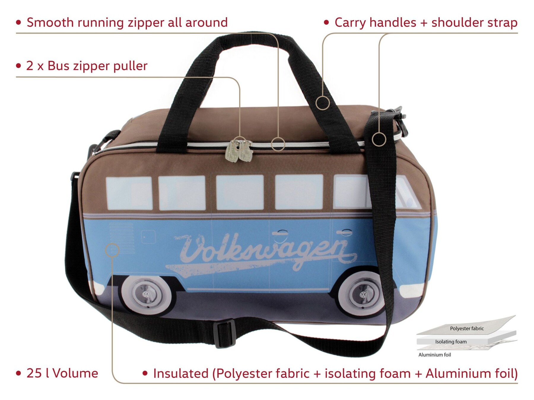 Volkswagen T1 Bus Kühltasche, 25l, Petrol/Braun