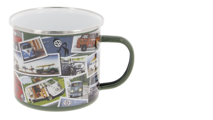 Volkswagen Bus Emaille Tasse 'Stamps'
