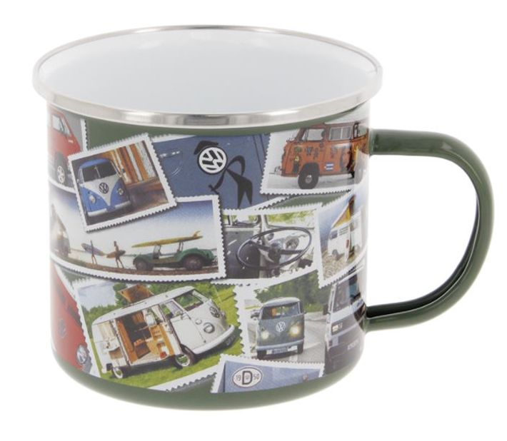 Volkswagen Bus Emaille Tasse 'Stamps'