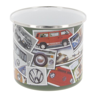 Volkswagen Bus Emaille Tasse 'Stamps'