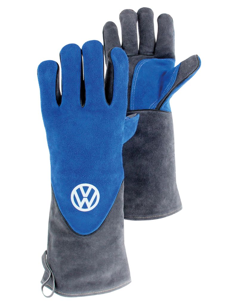 Volkswagen T1 Bus Grillhandschuhe (Paar) in Geschenkbox - Rindsleder/Blau & Grau