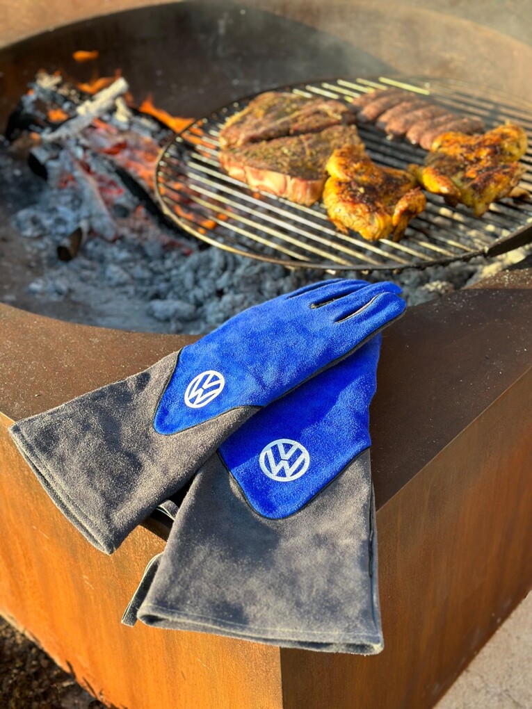 Volkswagen T1 Bus Grillhandschuhe (Paar) in Geschenkbox - Rindsleder/Blau & Grau