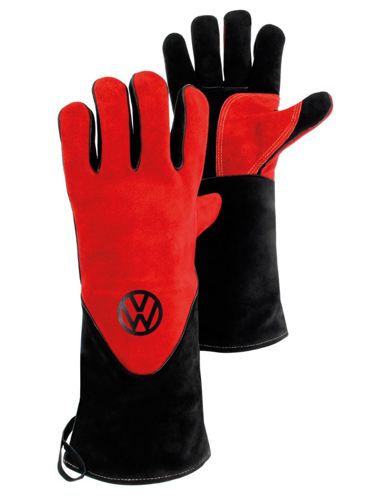 Volkswagen T1 Bus Grillhandschuhe (Paar) in Geschenkbox - Rindsleder/Rot & Schwarz