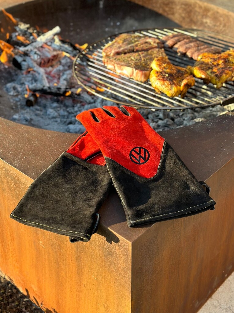 Volkswagen T1 Bus Grillhandschuhe (Paar) in Geschenkbox - Rindsleder/Rot & Schwarz