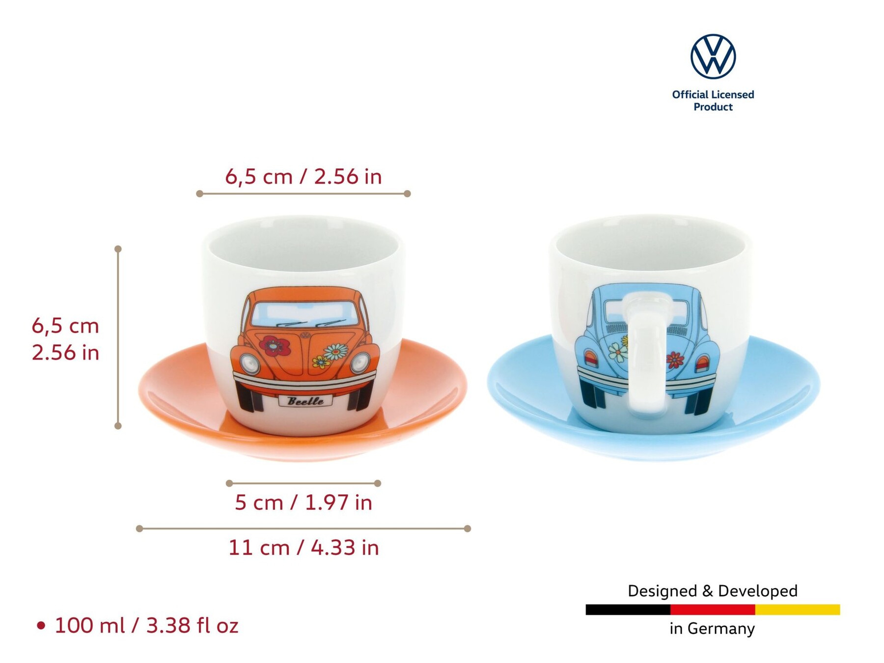 Volkswagen Beetle Espresso Tassen 2er Set 100ml Orange & Blau