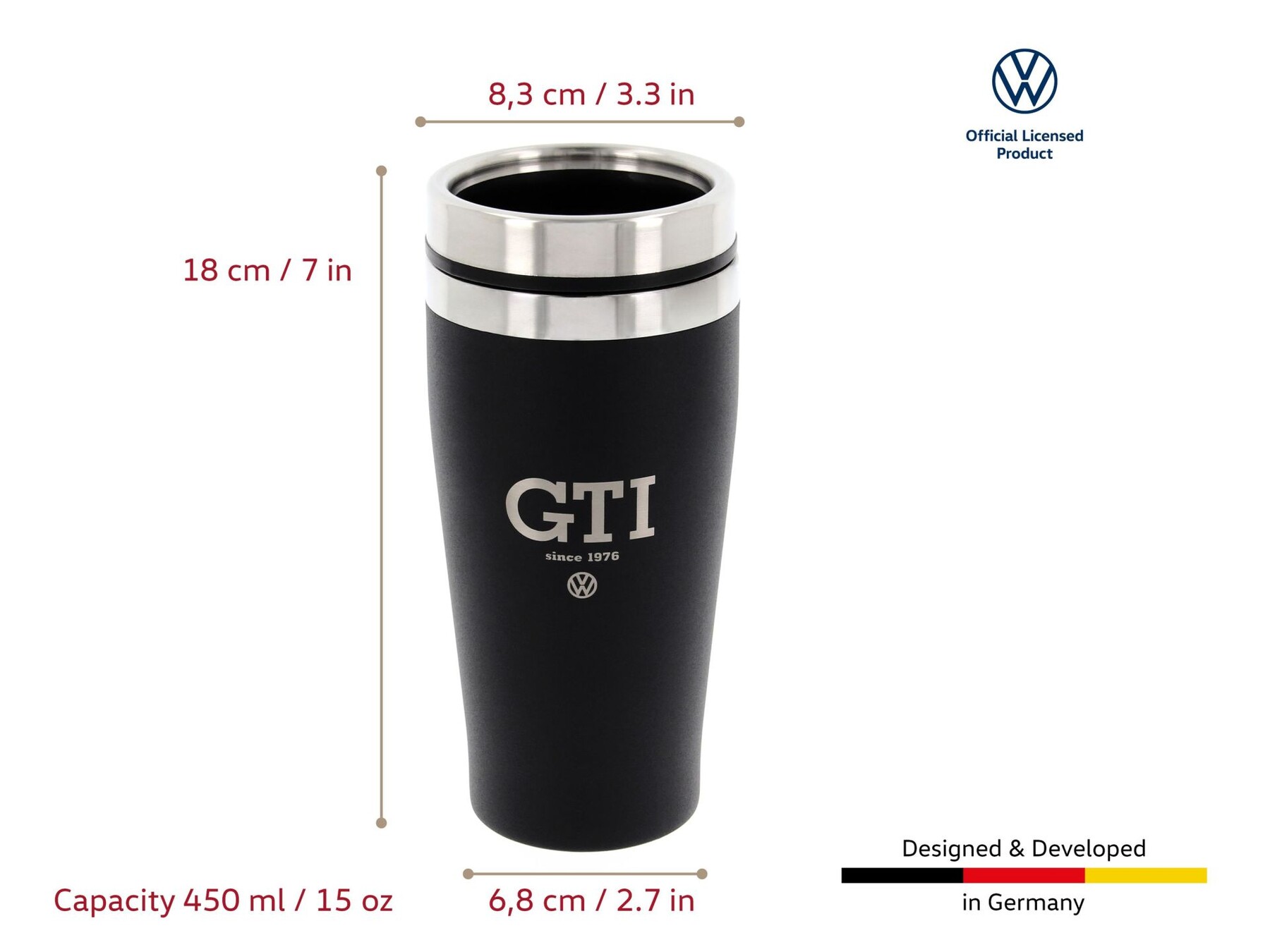 Volkswagen GTI Edelstahl Thermo-Becher, Doppelwandig, 450ml – since 1976/Schwarz
