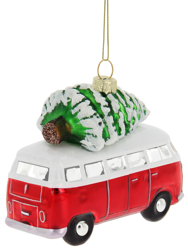 Volkswagen T1 Bus Weihnachtsschmuck aus Glas - Rot/Weiss