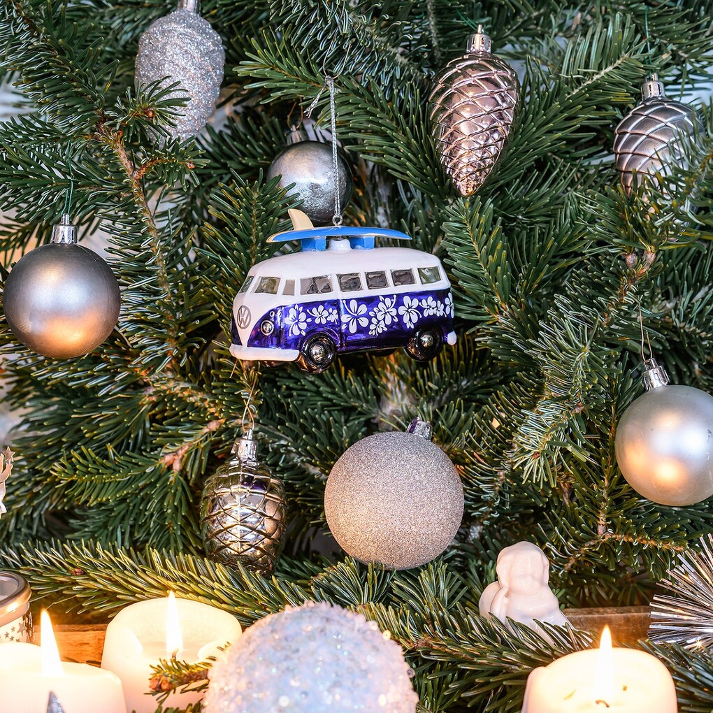 Volkswagen T1 Bus Weihnachstschmuck aus Glas - Blau/Weiss